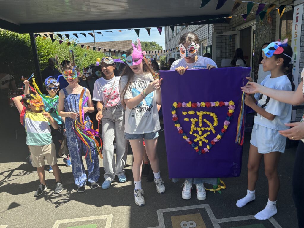 students holding a flag