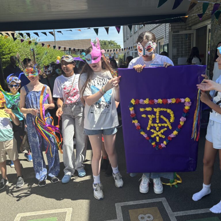 students holding a flag